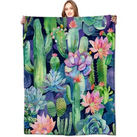VODRM Succulent and Cactus Blanket Plant Garden Throw Blankets Gifts for Kids Adult Lightweight Soft Fleece Cozy for Sofa Couch Bed Room Birthday Boho Spring Decor 50x60in