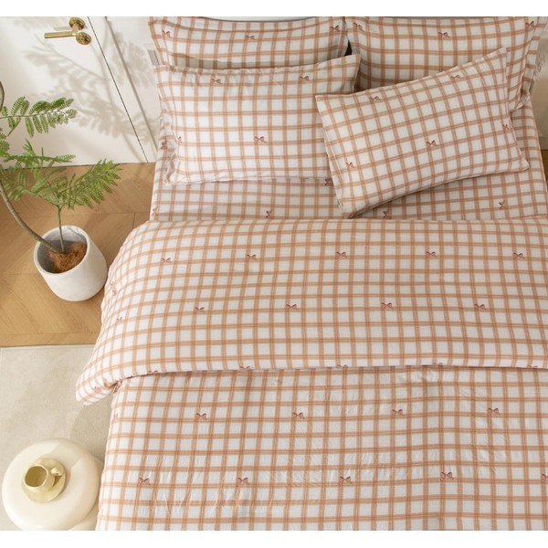 SDY 7PCS Bowknot Checkered Comforter Set Queen, Lightweight Cute Comforters