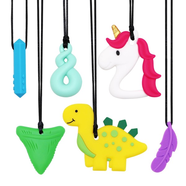 Chew Necklace for Sensory Kids, 6 Pack Chewy Necklaces for Boys and Girls with Autism, ADHD, SPD, Chewing, Silicone Teething Necklace Chew Toys for Autistic Children Adult Chewer Reduce Anxiety Fidget