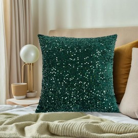 ShinyBeauty Green Throw Pillow Cover 18X18-Inch Set of 2 Velvet Pillow Covers, Sequin Fabric, Emerald Green Pillows Case, Cushion Cases for Sofa Couch Bedroom Farmhouse Decoration