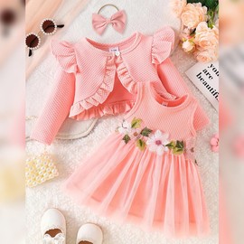 FYMNSI Baby Girl Floral Embroidery Sleeveless Dress with Cardigan Headband 3-Piece Set Party Dress Autumn Winter Party Dresses, pink