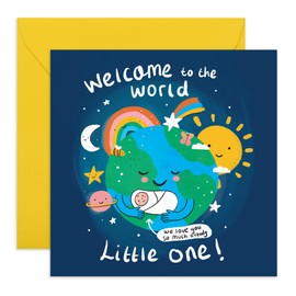 Adorable New Baby Card – “Welcome to the World, Little One” – Gifts for New Born Babies, Boys, Girls, First Time Parents or Mom, Dad, Friends, Him, Her - Cute Planet Earth - Comes with Fun Stickers