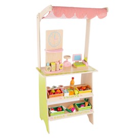 Hey! Play! Kids Fresh Market Selling Stand– Wooden Grocery Store Playset with Toy Cash Register, Pretend Credit Card and 31 Food Accessories