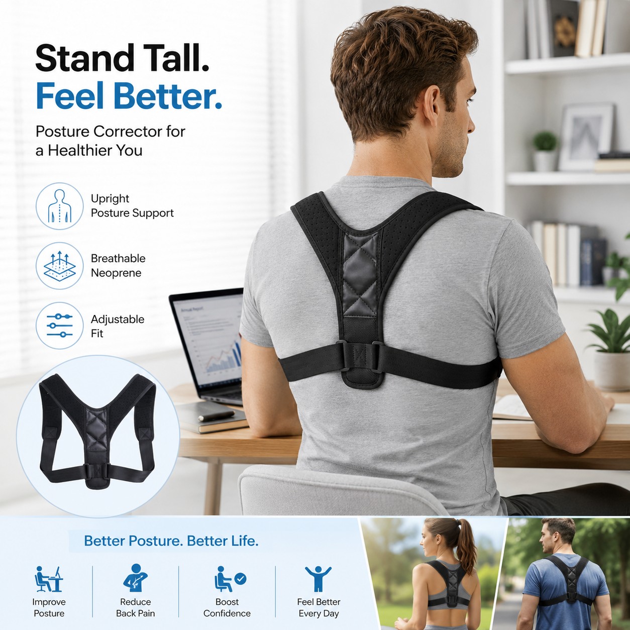 Posture Corrector Back Brace for Daily Support – Adjustable Shoulder Belt for Office, Driving & Home Use