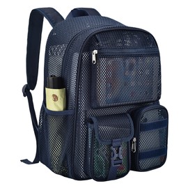 AROUVOG Mesh Backpack for School,with Inner Laptop Compartment,Semi-transparent Bookbag with Bungee and Comfort Padded Straps for Beach, Swimming, Sports, Work, Travel-Navy Blue