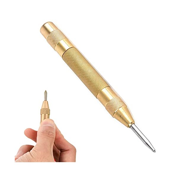 Automatic Center Punch, Steel Spring Loaded Center Hole Punch Hand Tool with Adjustable Tension, Punch Tool Heavy Duty Centre Punch for Metal, Glass and Wood,Automatic Centre Punch(Brass Body)