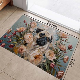 Pug Floral Indoor Door Mat,Non-Woven Fabric Door Mat,Anti-Slip Backing Welcome Mat for Front Door,Indoor Entrance,Kitchen, Bedroom,Living Room-Durable Floor Mat for Home Decor & All Seasons