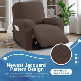 JIVINER 3 Piece Recliner Chair Cover Stretch Lazy Boy Non Slip Covers for Recliner with Pockets Soft Jacquard Reclining Sofa Slipcovers Furniture Protector with Elastic Bottom (1 Seater, Coffee)