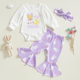 CREAIRY Newborn Baby Girl Easter Outfit My 1st Easter Knitted Romper Bodysuit T-Shirt Tops Bell Bottom Pants Clothes Set (Purple, 0-3 Months)