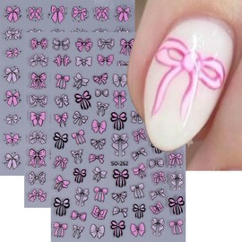 Valentine’s Day Nail Art Stickers Glossy Pink Bow-Knot Nail Decals 3D Self Adhesive Nail Art Supplies Cute Bow Nail Decals with 6 Colors and Shapes for Women Valentine’s Nail Decorations