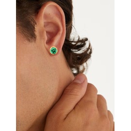 Round Solitaire Green Emerald Chunky Stud Earrings for Women Sparkly Gold Plated Sterling Silver Large Mens Earrings