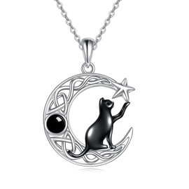 TIGER RIDER Moon Cat Necklace for Women 925 Sterling Silver Black Cat Onyx Celtic Knot Jewelry Gifts Birthday Christmas Gifts for Women Wife Daughter (Black Onyx)