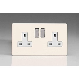 Varilight Primed Ready to Paint Flat Plate Screwless 2 Gang 13 Amp Switched Plug Socket - White Inserts, 86x147x32mm
