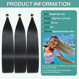 Locescsoc 24 Inch Straight Hair Extensions 150 g 3 Packs Bone Straight Braiding Hair, Black Ariel Straight Ponytail Hair Bundles, Ombre Soft Synthetic Crochet Box Braids for Women (1B)