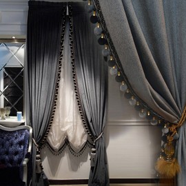 Luxury Pom Poms Curtain for Living Room Blackout Velvet 2 Panels Curtains Set Luxury Tassel Bedroom Curtains (Iron Grey, (50W×96L)×2)