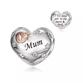 iLove Charm 925 Sterling Silver Charm I Love You To The Moon And Back Heart Bead for Mum Mother Mommy Jewellery Love Gift