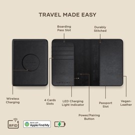 SATECHI Find My Passport Holder with 4 Card Slots, Wireless Charging and RFID Protection - Vegan Leather Passport Holder, black, Modern