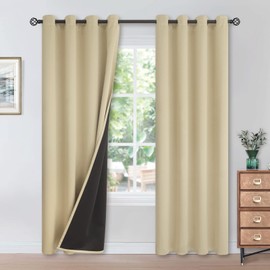 YoungsTex 100% Blackout Curtains for Bedroom - Thermal Insulated Grommet Top Room Darkening Window Curtains for Living Room, 2 Panels, Beige, 52 x 95 Inch