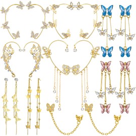 Nosiny 9 Pairs Butterfly Ear Cuffs Earrings Long Drop Dangling Glitter Rhinestone Earrings Wrap Around Jewelry for Women (Royal Trio,Designer Butterfly Set)