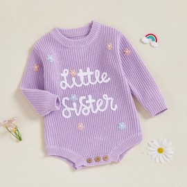 XIXIMAON Baby Girl Sweater Little Sister Flower Embroidery Long Sleeve Crew Neck Knitted Rompers Newborn Autumn Winter Bodysuits Girls Jumpsuit 0-12M (Purple, newborn)