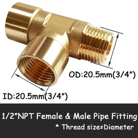 Uenede 2PCS Brass Tee Pipe Fitting 1/2" NPT Female x 1/2" NPT Female x 1/2" NPT Male for Water/Oil/Gas
