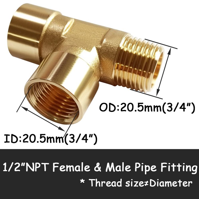 Uenede 2PCS Brass Tee Pipe Fitting 1/2" NPT Female x