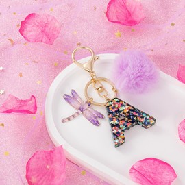 MWOOT Initial keychain, Resin Letter A keychain, Cute Car Keyring, Alphabet Key Chain with Dragonfly, Keychains with Purple Pompom Pendant Keychains for Women Purse Bag Handbag Decor (A)