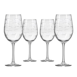 Rolf Glass School of Fish White Wine Glass | 12 ounce Stemmed Set of 4 | Lead-Free Glass | Diamond Wheel Engraved in America