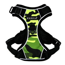 Puppia Battle Dog Harness H Sturdy Adjustable Neck and Chest Reflective Camouflage Pattern Front and Back D-Ring for Small and Medium Dogs, Green, Medium