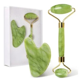 Rodillo Masaje Facial Gua Sha De Jade Antienvejecimiento Kit                                                                                          