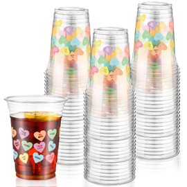 FillTouch FillTouch 50 Pcs 16 oz Valentine's Day Conversation Heart Cups Heart Disposable Plastic Cups Romantic Conversation Heart Decoration Love Heart Cups for Dinner Anniversary Party Supplies