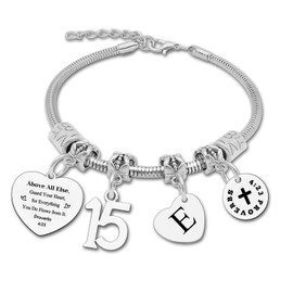 DlaeKua 15th Birthday Gifts Bracelet Bible Verse Gifts for Women Letter E Bracelet Happy 15th Birthday Gifts for Friendship Gifts for Inspirational Gift
