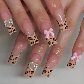 Long Square On False Nails with Leopard Print & Pink Bows – 24PCS Long Square Acrylic False Nails, Glossy Reusable Gel Glue Nails for Women’s Daily Wear