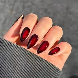 SXVME Uñas acrílicas prensadas en almendra, color negro y rojo ruborizado, con punta de aguja mediana, uñas postizas francesas ombré con pegamento, aj