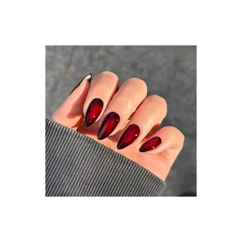 SXVME Uñas acrílicas prensadas en almendra, color negro y rojo