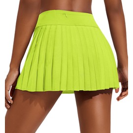 PINSPARK Pleated Tennis Skirts for Women with Shorts Breathable Golf Skorts 14" High Waisted Sport Skirt, Neon Green Medium