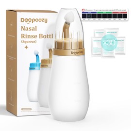 DeepCozy Neti Pot Sinus Rinse, Soft Tip Silicone Netting Pot for Sinus Squeeze Bottle, Nose Wash Cleaner Pressure Rinse with Sticker Thermometer for Adult & Kid 300ml with 30 Saline Packets（Golden）