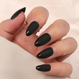 Artquee Black Almond Press on Nails Short Fake Nails with Glossy French Tips in a Matte Finish Reusable False Stick on Fingernails for Women Kit - 32 Pcs in 16 Sizes