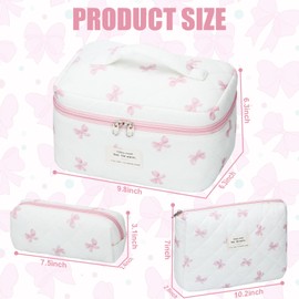 BuyCard Quilted Bow Makeup Bag Set, 3Pcs Cotton Floral Cosmetic Bags, Cute Aesthetic Coquette Makeup Bag Travel Cosmetic Organizer with Toiletry Pouch & Brush Holder for Women, Pink Bow