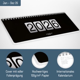 Häfft® International Weekly Desk Calendar 2026 Landscape "Black Edition" 1 Week 2 Pages, Weekly Calendar 29.8 x 11.6 cm, Multilingual Desk Calendar - Sustainable and Climate Friendly
