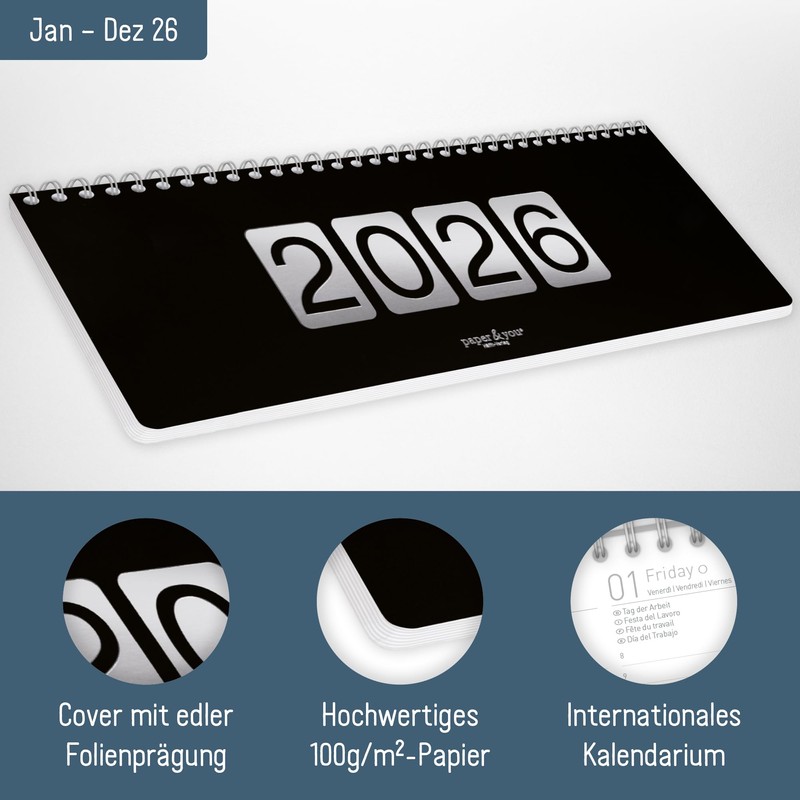 Häfft® International Weekly Desk Calendar 2026 Landscape "Black Edition" 1