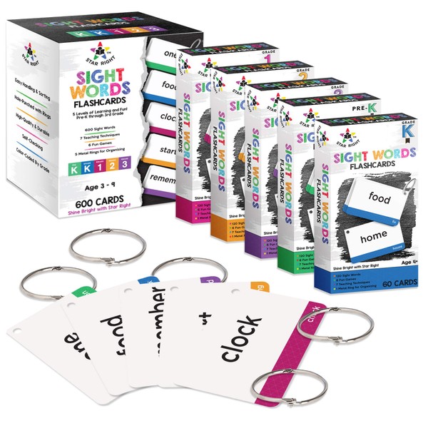 Star Right 600 Sight Words Flash Cards & Flashcard Games Set - 300 Hole Punched Flash Cards - 30 Fun Flashcard Games - 5 Binder Rings - for Ages 3 & Up - Pre-K, Kindergarten, 1st, 2nd, & 3rd Grade