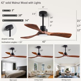 dearnow 42-inch Ceiling Fan Light with Remote Control, Featuring 3 Wooden Blades, Reversible DC Motor, Timer Function, and 6-Speed Adjustment Suitable for Offices and bedrooms. Black + Walnut Color.
