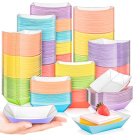 MotBach 300 Pack Colorful 1/4Lb Paper Food Boat Trays Disposable Small Paper Boats Plates Containers, 0.25Lb Mini Kraft Food Serving Boat Tray Bowl for Snack Fries Dessert Popcorn Sauce BBQ Taco Nacho
