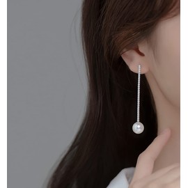SLUYNZ 925 Sterling Silver Pearl Dangle Earrings Chain for Women Long CZ Dangling Earrings Pearl Drop (A-Silver)