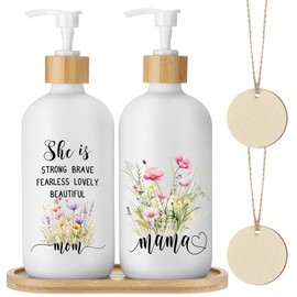 Sliner 2 Pack Mother's Day Soap Dispenser 16.9 oz Flower Glass Soap Dispenser with Pump, Wood Dish, 2 Tag, Refillable Liquid Container Rustic Farmhouse Indoor Kitchen Counters Bathroom Decor