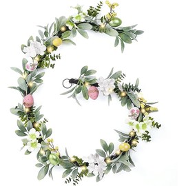 Valery Madelyn 6FT Pastel Easter Egg Garlands for Mantle with LED Lights, Artificial Colorful Spring Floral Garland with Lamb Ears Leaves for Home Window Wall Holiday Party Easter Decoration Gift
