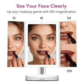 Fancii LED Lighted Vanity Makeup Mirror, Rechargeable Trifold Mirror with 5X & 10x Magnifications - 68 Dimmable Natural Lights, Touch Screen, Best Adjustable Make Up Mirror with Cosmetic Stand