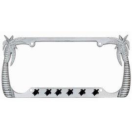 STHANCAT OF TAMPA Turtles Palm Tree Design Stainless Steel Auto License Plate Frame Car Tag Holder, Multiple Colors (A Chrome/Black)