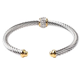 Jeolory 14K Gold Plated Rhinestone Ball Charm Adjustable Twist Stainless Steel Cable Wire Bracelets Friendship Open Bangle Wrist Cuff for Women Men